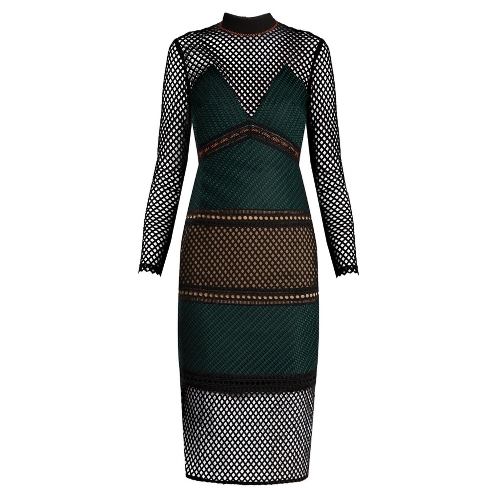 SELF-PORTRAIT Forest Green Fitted Lace Mesh Midi